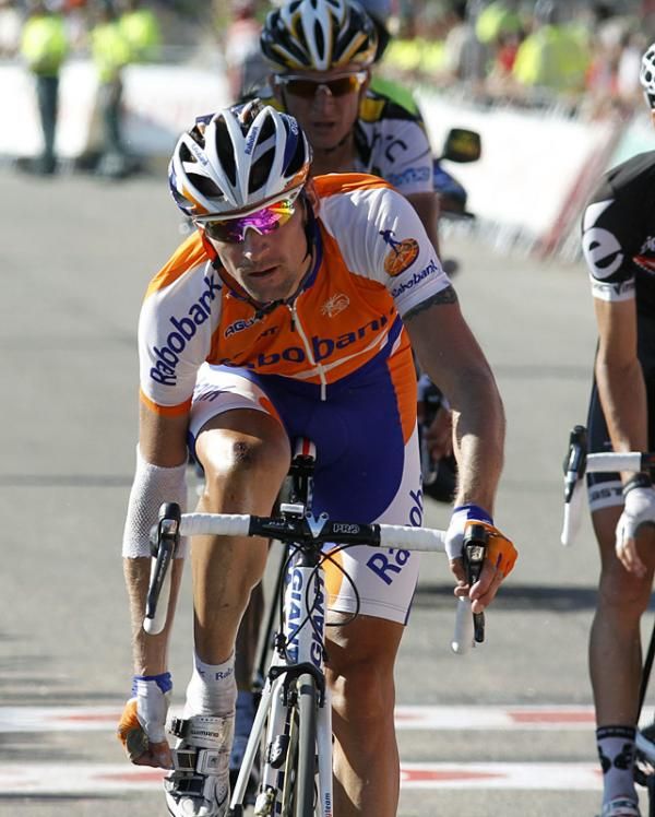 A battered Denis Menchov (Rabobank) finishes stage eight.