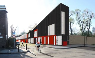 Digital image of a long, narrow building with bright red panels