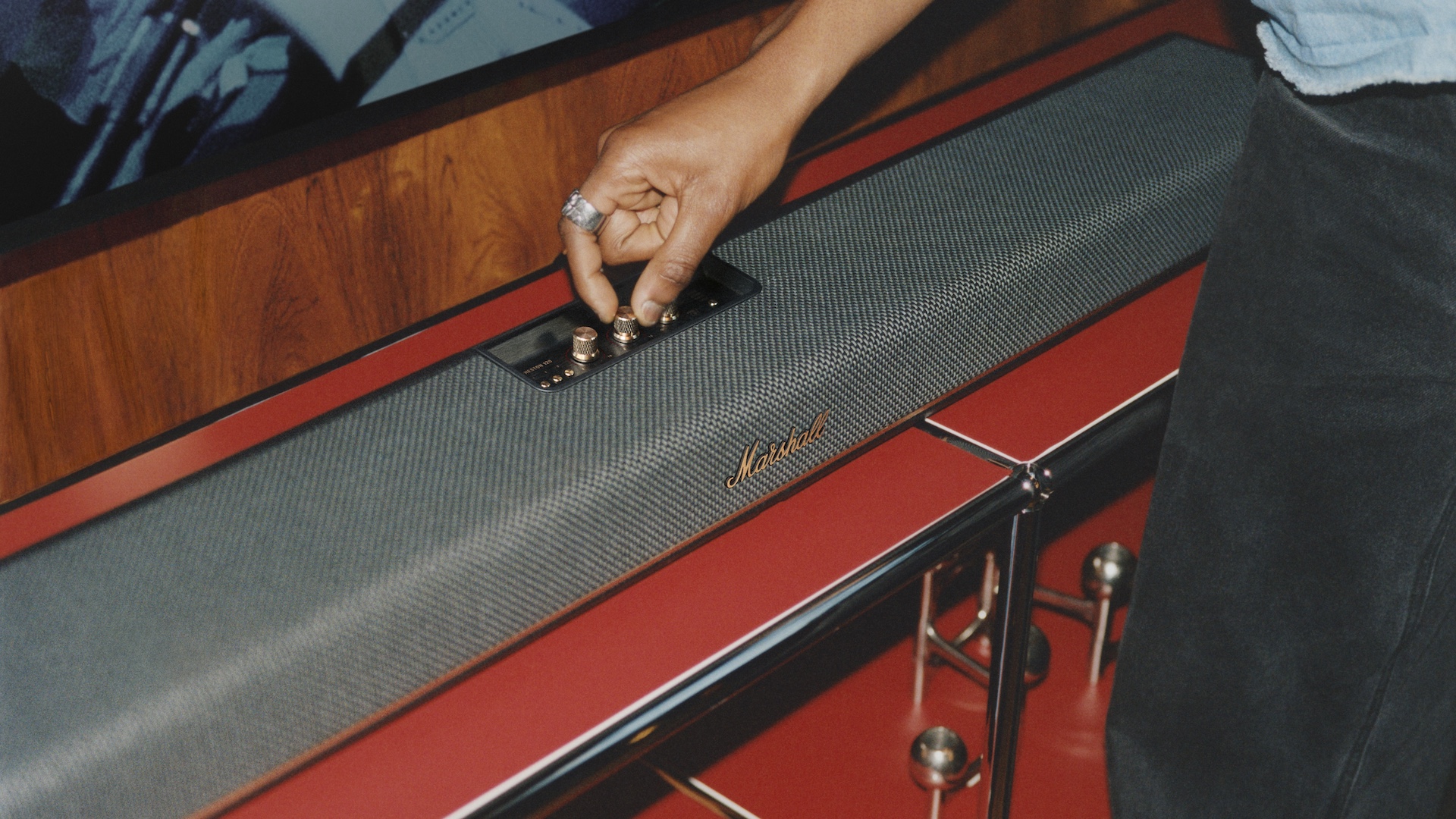 A close up of the Marshall Heston 120 soundbar controls