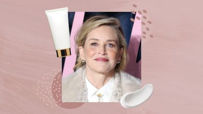 Vertical image of Sharon Stone surrounded by an unbranded moisturiser tube, a swatch of product and dusky pink graphic illustrations against a background of a similar colour 