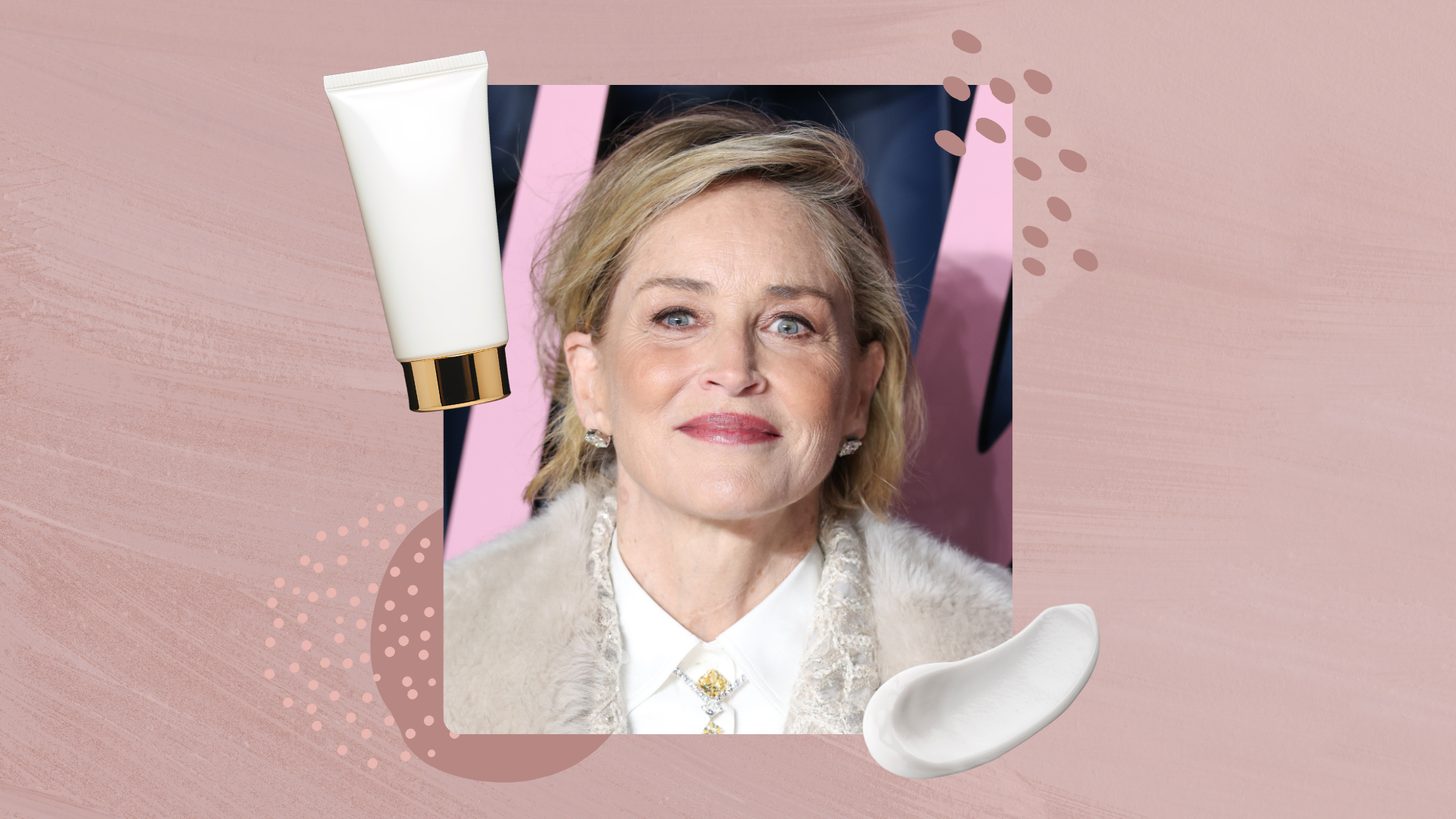 Vertical image of Sharon Stone surrounded by an unbranded moisturiser tube, a swatch of product and dusky pink graphic illustrations against a background of a similar colour 