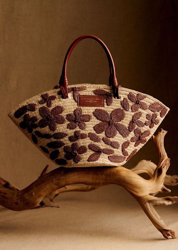 Justine Basket Bag - Raffia Embroidery Choco Flowers - Raffia - Sézane