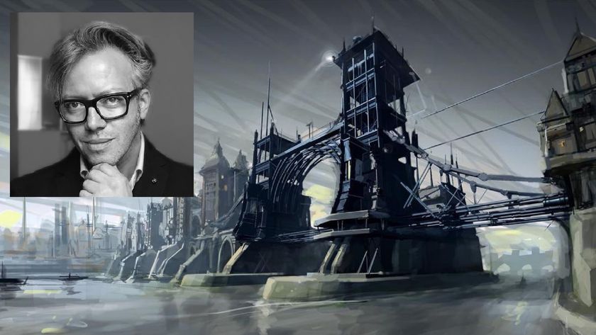 Image of artist Viktor Antonov superimposed over a concept art piece depicting a suspension bridge in Dishonored