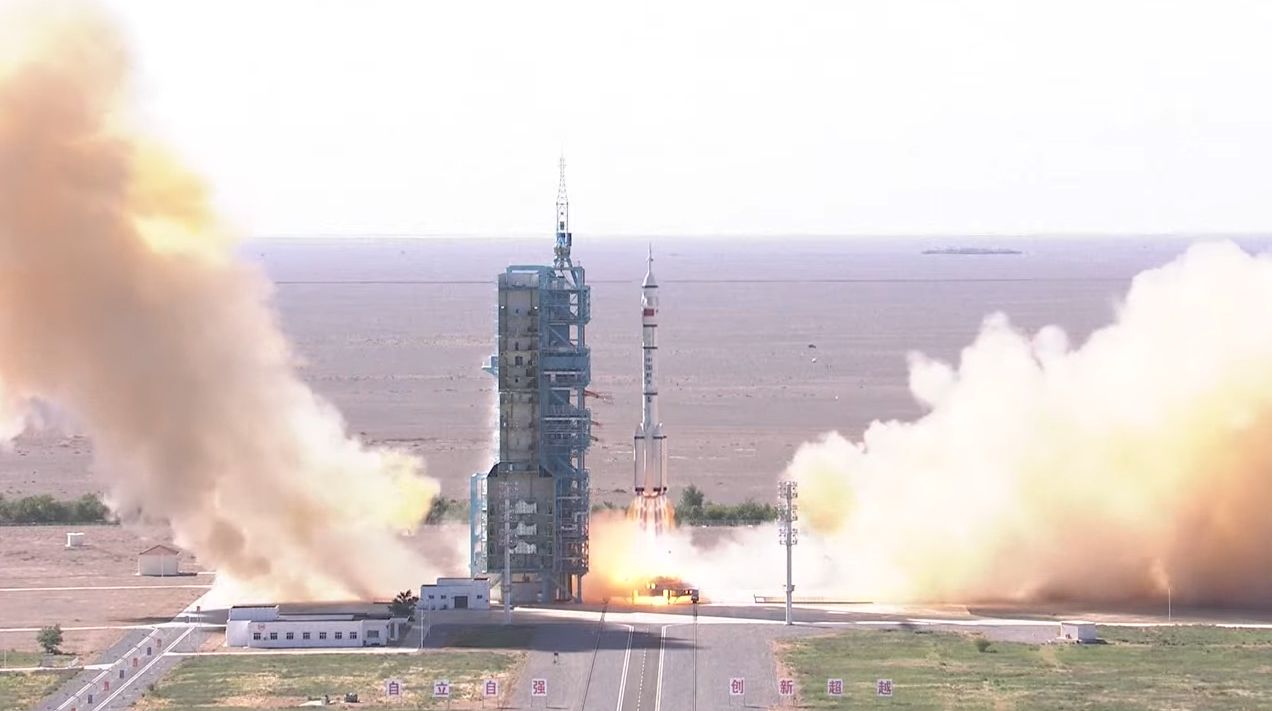 A Chinese Long March 2F rocket launches three astronauts on the Shenzhou 12 mission to the country's new Tiangong space station core module Tianhe from the Jiuquan Satellite Launch Center in northwest China at 9:22 a.m. Beijing Time on June 17, 2021.