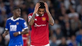 Manchester United star Jadon Sancho looking dejected in a game against Leicester in 2022.