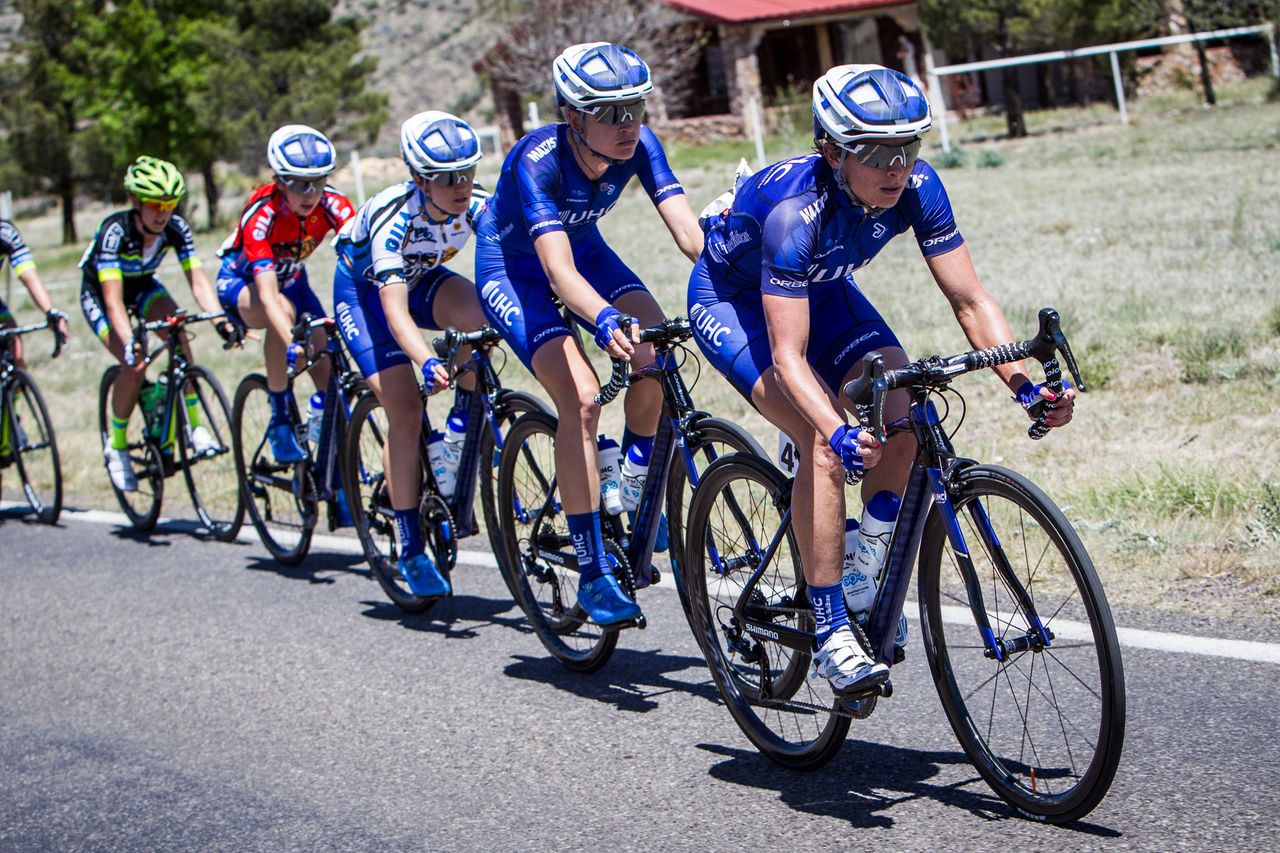 Lauren Hall (UnitedHealthcare) sets tempo on the front during stage 2 at Tour of the Gila.