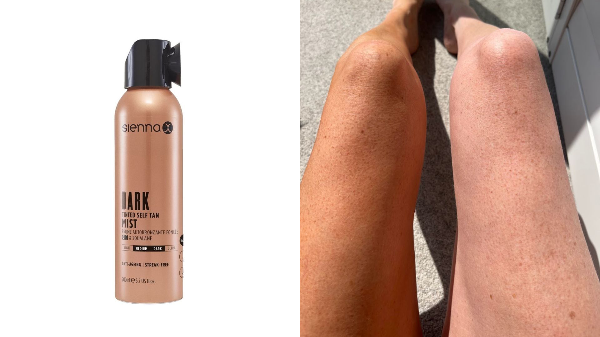 A before and after of Charley using the Sienna X Dark Q10 Tinted Mist next to a product shot