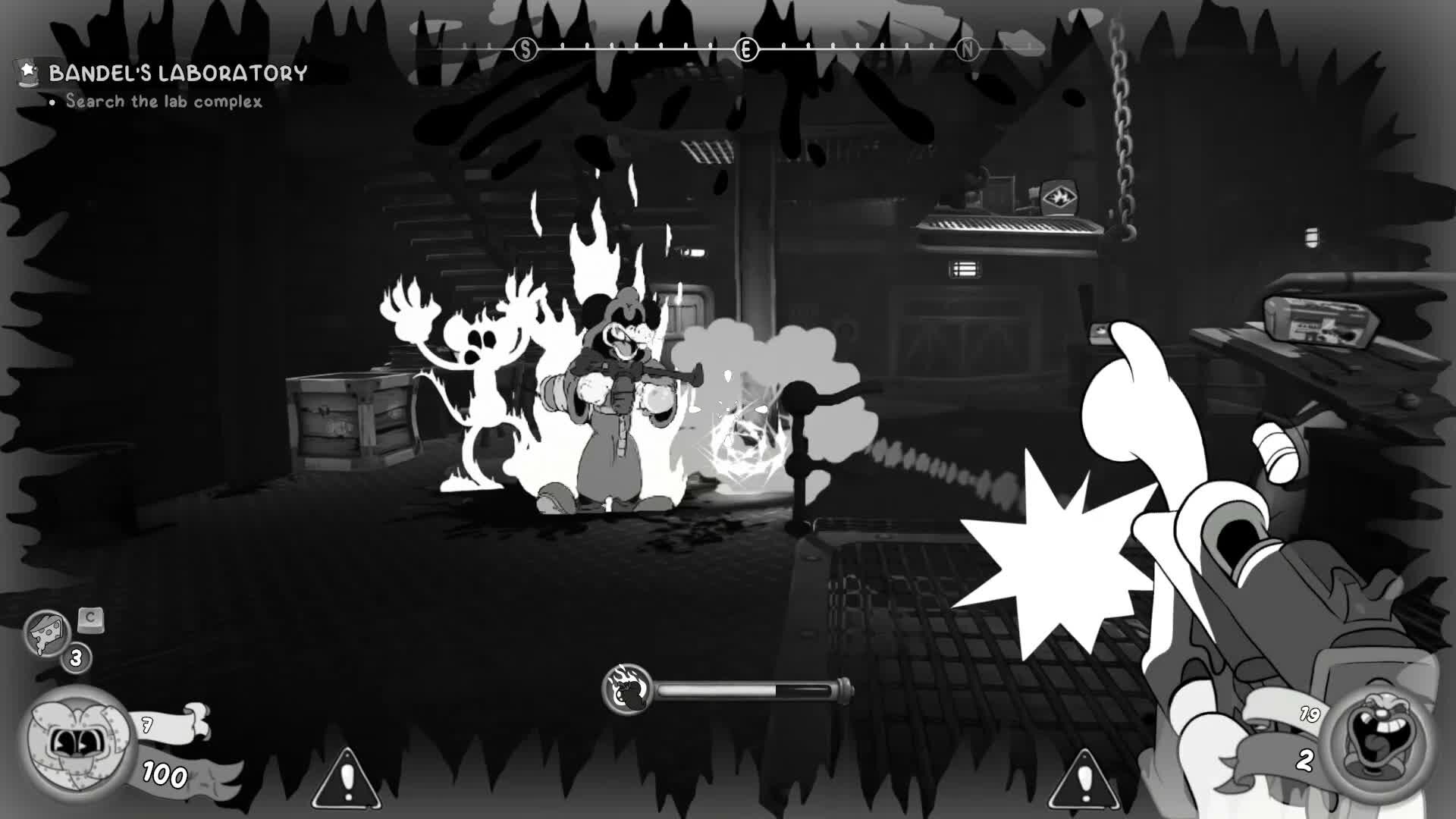Mouse: P.I. For Hire gameplay screenshot of enemies getting shot by a pistol while the character has eaten a pepper. Causing enemies to catch fire.