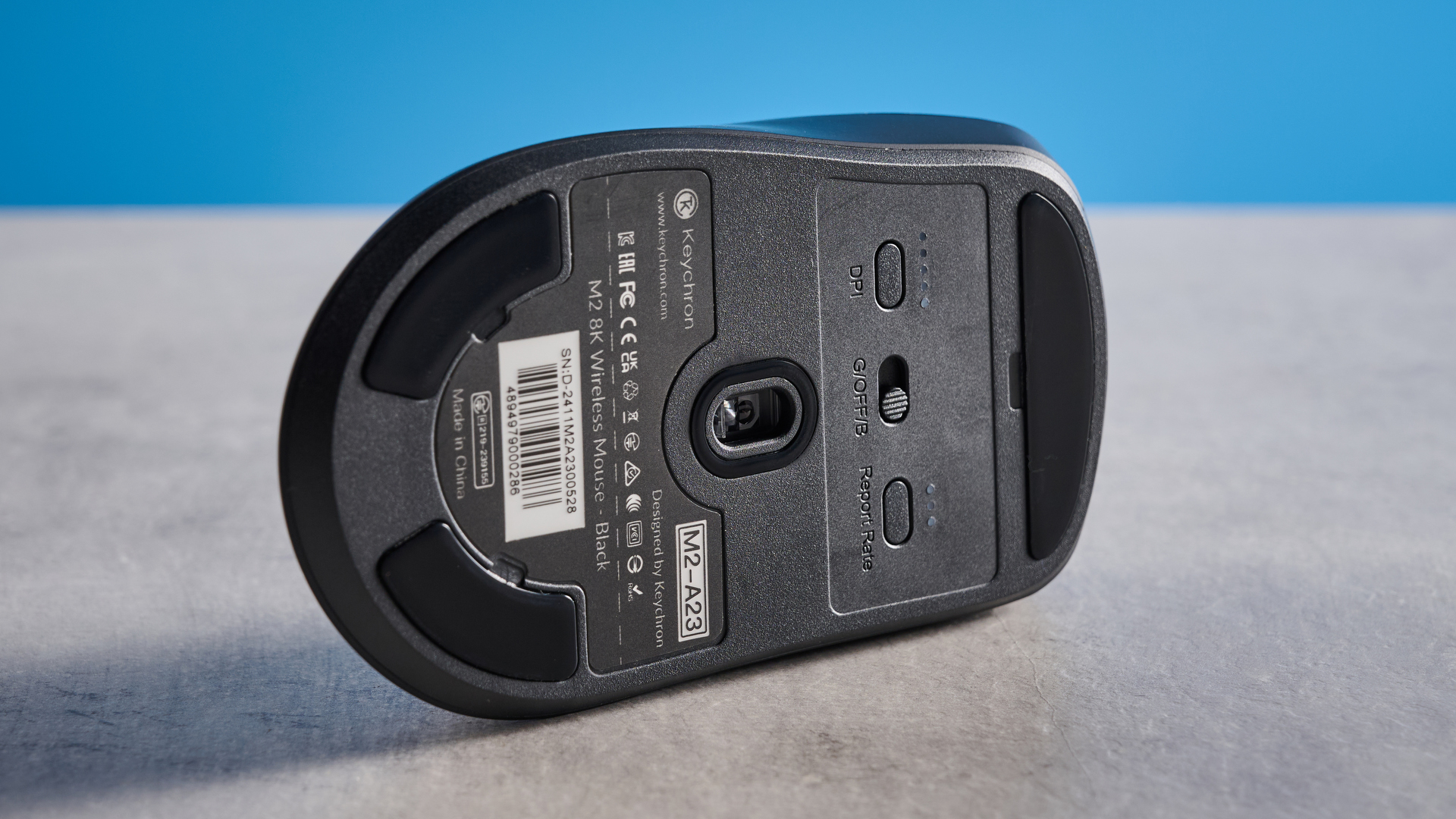 A black Keychron M2 8K wireless gaming mouse