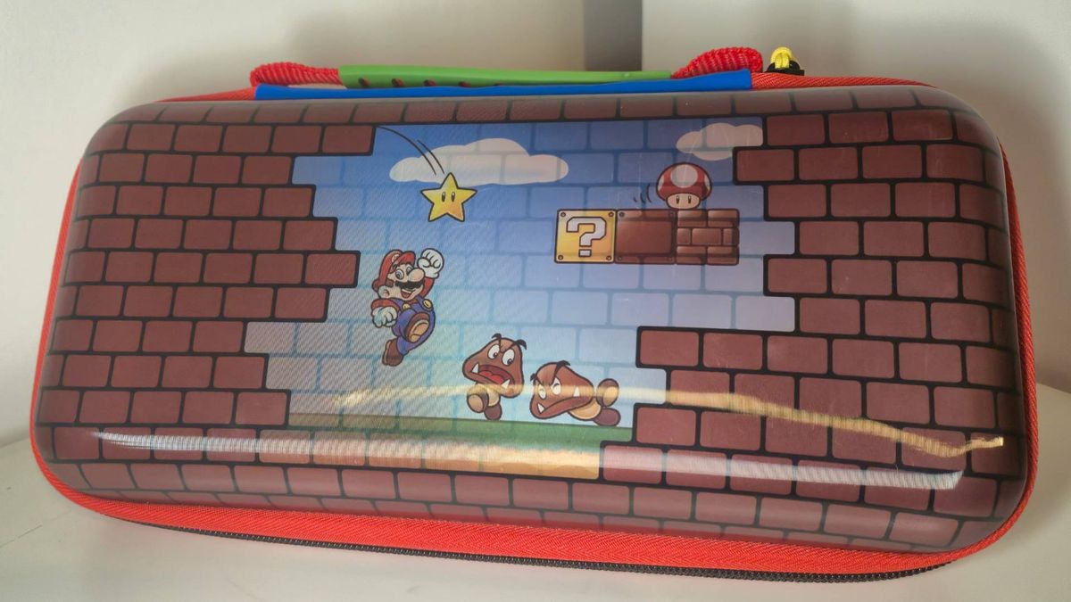 Photo of the Mario Bricks PlayTrek Switch 2 case sitting on a white desk.