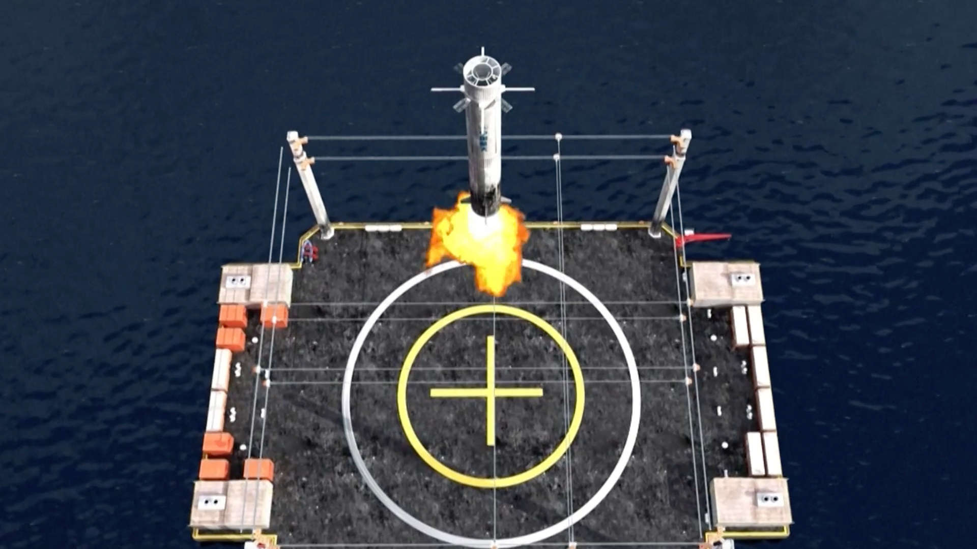 Still from an animation showing a white rocket landing on a dark ship at sea