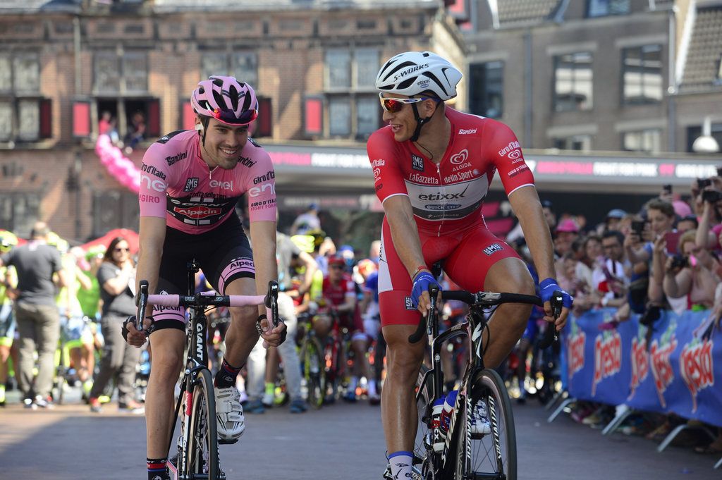 First maglia rosa of the 2016 Giro and the second maglia rosa, Tom Dumoulin (Giant-Alpecin) with Marcel Kittel (Etixx-Quick Step)