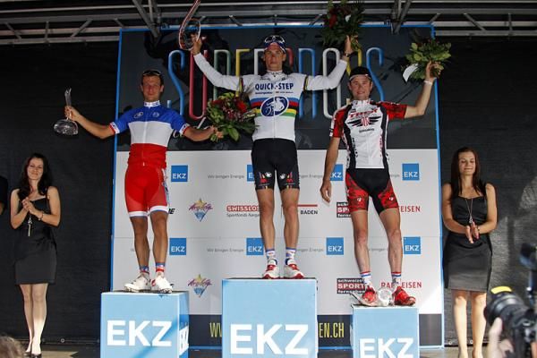 Top-three at S&uuml;percross Baden (l-r): Francis Mourey (FDJ), Zdenek Stybar (Quick Step) and Lukas Fl&uuml;ckiger (Trek World Racing Team)