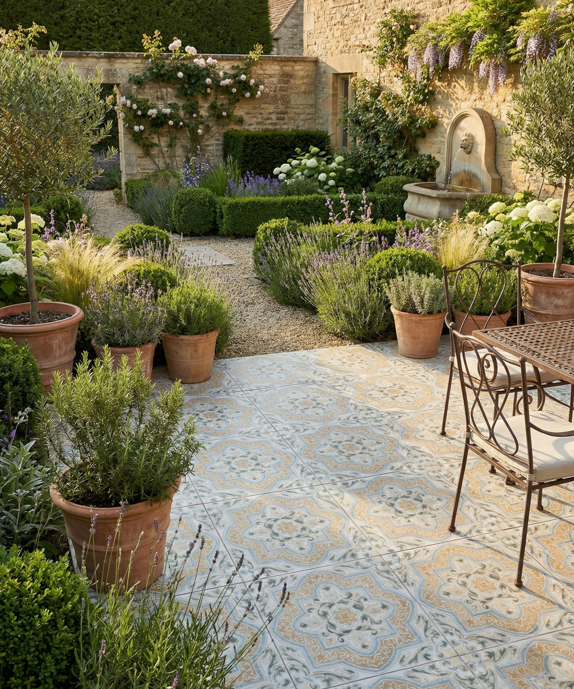 cottage garden with patterned patio floor tiles, gravel area, lots of plants in pots, borders and metal garden furniture