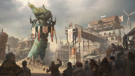 In a screenshot from Afterworld, a severed torch from the statue of liberty, sticks out from sand and is adorned in banners as a crowd watches someone speak on a nearby platform