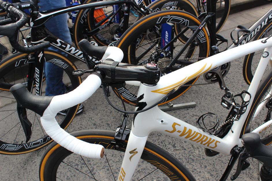 Tom Boonen's custom-painted Tarmac. No disc brakes