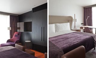 Two images of seating area and bed in hotel room