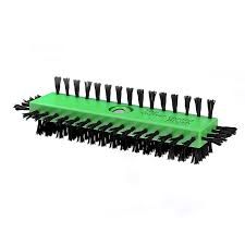 A green gutter cleaning brush with black bristles