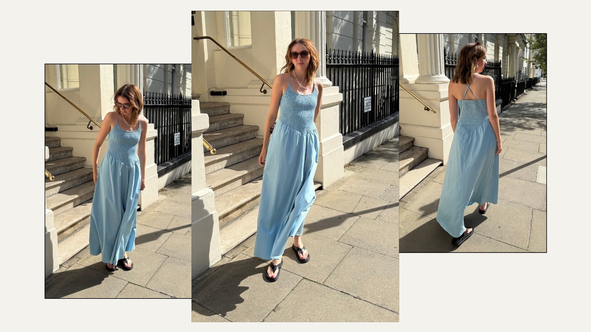 Woman wears blue shirred bodice maxi dress