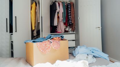 An open closet with a carboard box for old clothes