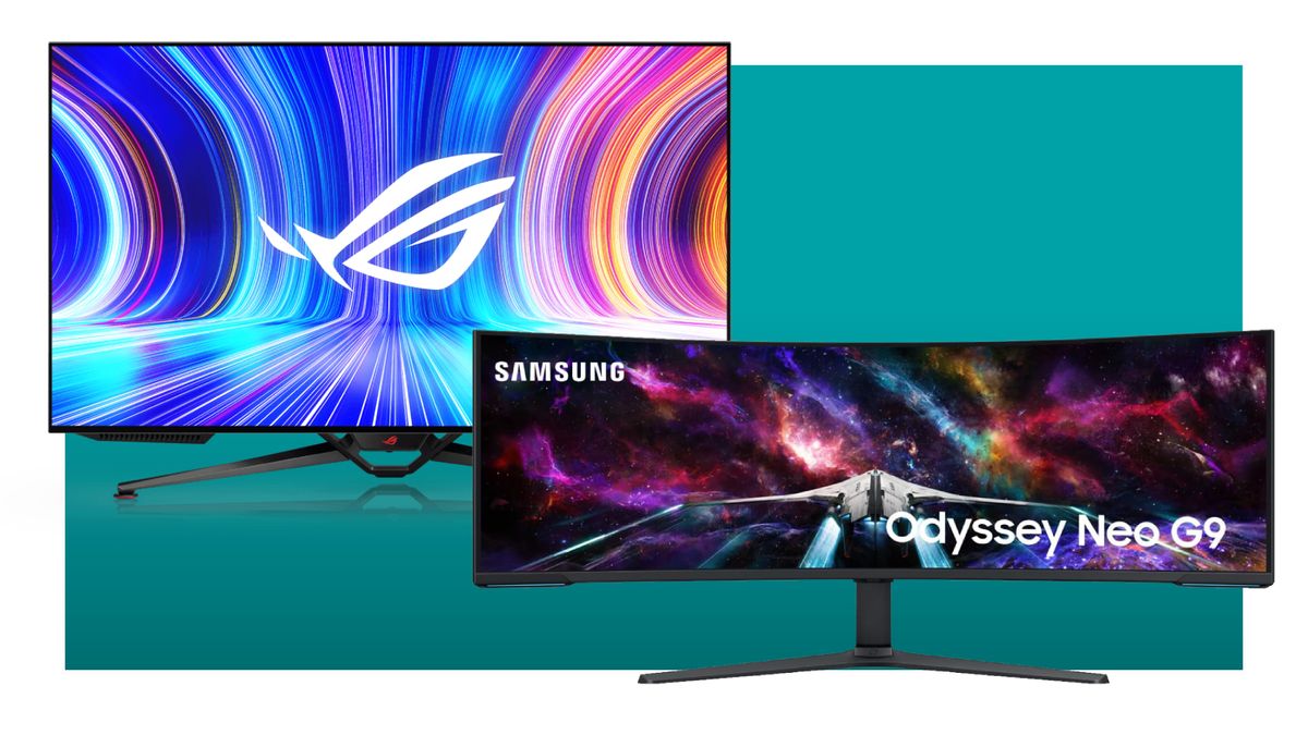 The Asus ROG Swift OLED PG42UQ and Samsung 57-inch Odyssey Neo G9 gaming monitors, on a teal background