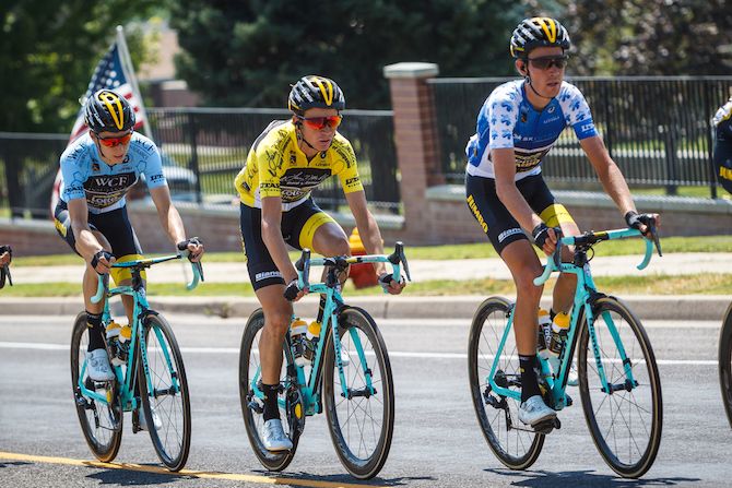 Sepp Kuss rides with LottoNL-Jumbo teammates Neilson Powless and Pascal Eenkhoorn on stage 3 of the 2018 Tour of Utah