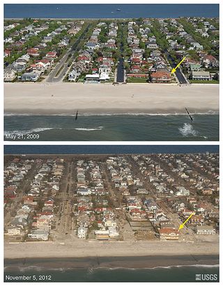 This USGS photo shows the shoreline change at Neponsit, N.Y., by Superstorm Sandy. So much sand was washed away that the water now comes much closer to houses, increasing their flood risks.