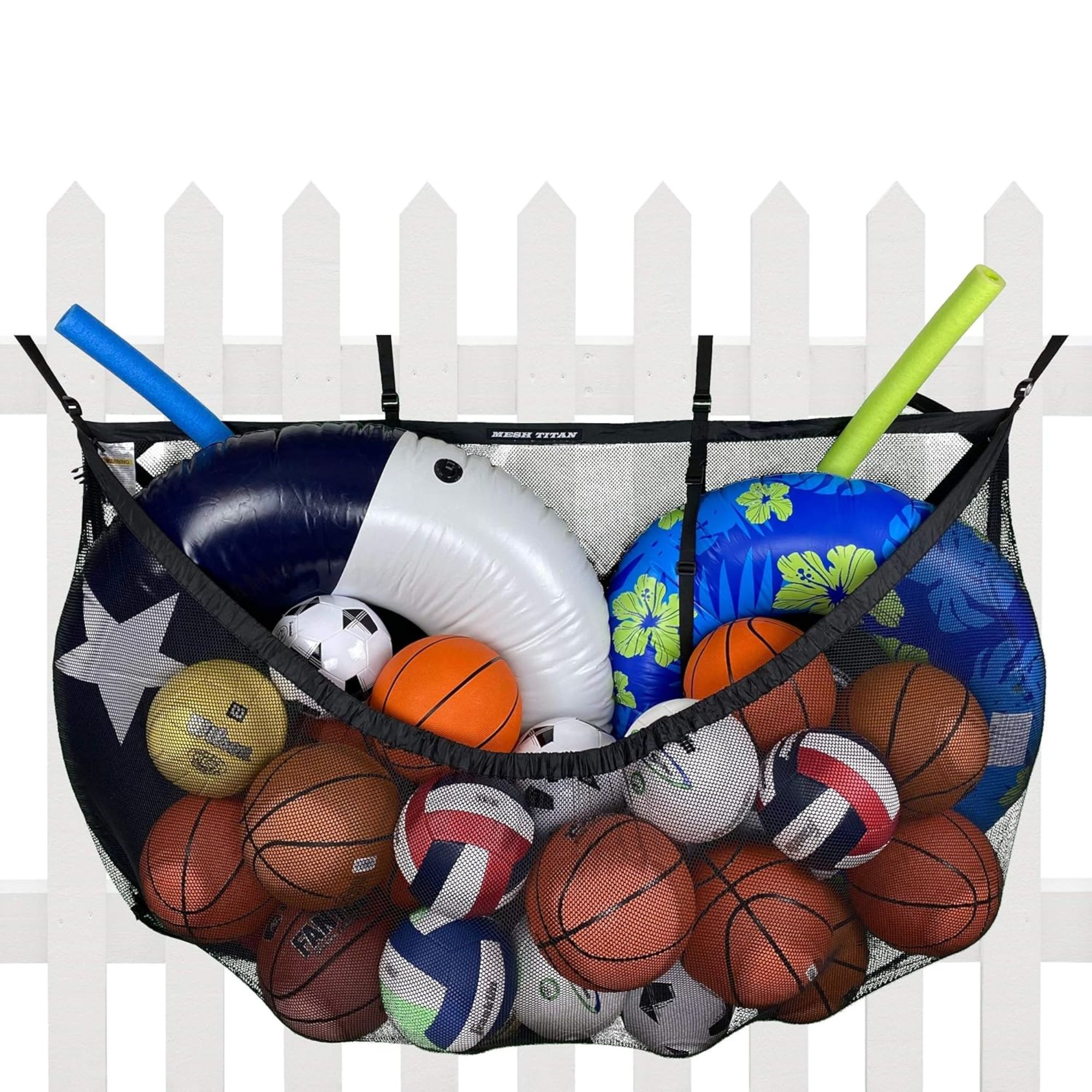 Black mesh pool toy storage hanging on a white fence