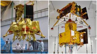 Left image: lab technicians in clean suits work on a gold-foil-wrapped spacecraft. Right image: gold and black Indian moon lander, rover and its ferry spacecraft in a clean room
