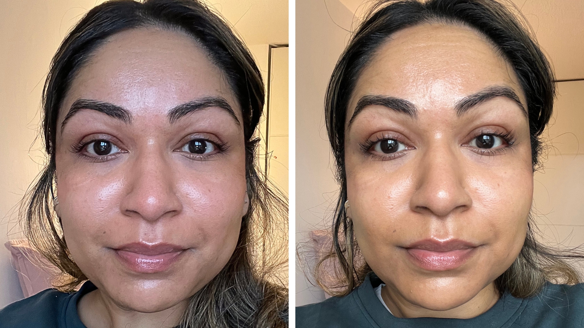 On the left, before Aleesha Badkar applied The Ordinary Lash Curl Finisher, and on the right after application