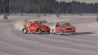 My Winter Car screenshot of two red cars racing in snow