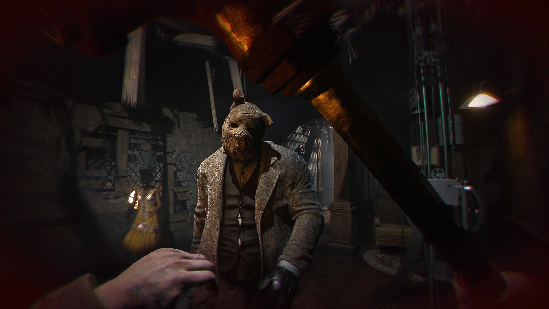 Fighting a pig-hooded enemy in first-person in SAW: Genesis