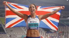 Katarina Johnson-Thompson celebrates winning the heptathlon gold medal at the World Athletics Championships in Doha
