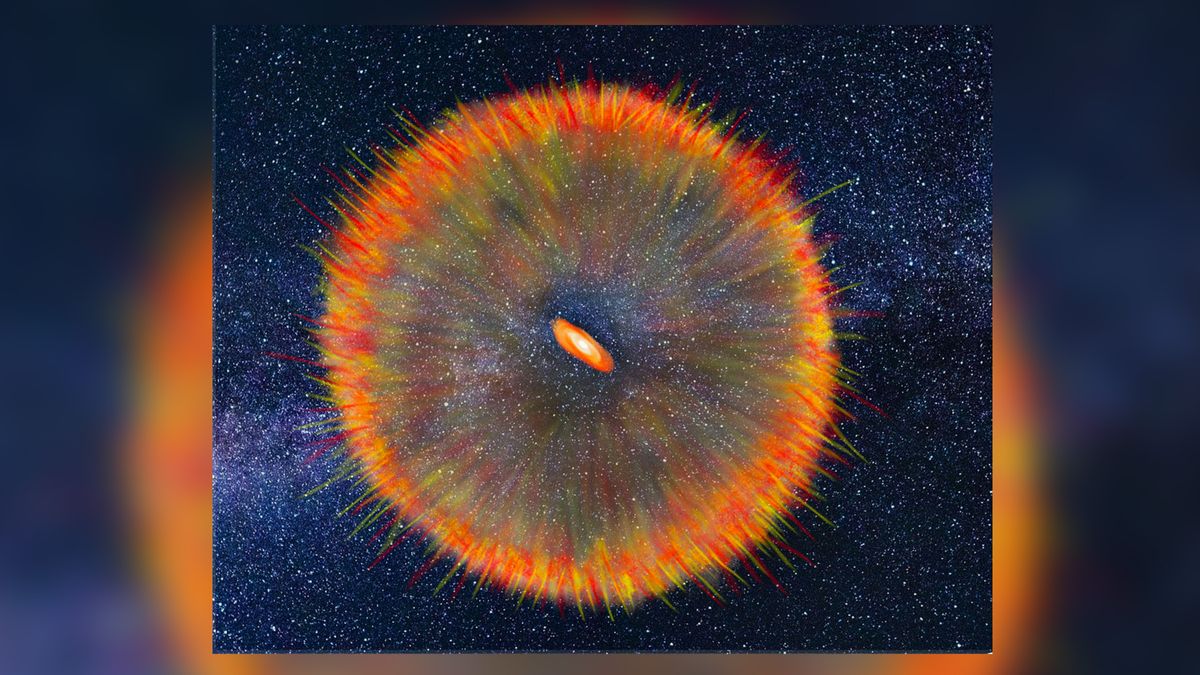 This artist’s impression shows the blast from a heatwave detected in a massive, forming star. 