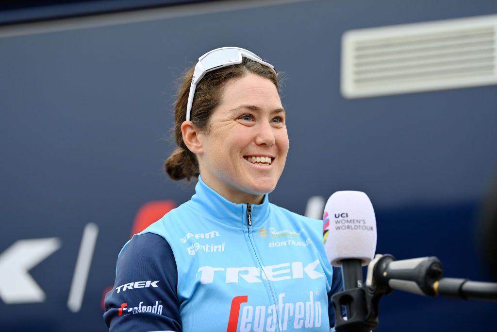 CLACTONONSEA ENGLAND OCTOBER 08 Chloe Hosking of Australia and Team Trek Segafredo speaks to the media press prior to the 7th The Womens Tour 202 Stage 5 a 954km stage from Colchester to Clacton thewomenstour UCIWWT on October 08 2021 in ClactononSea England Photo by Justin SetterfieldGetty Images