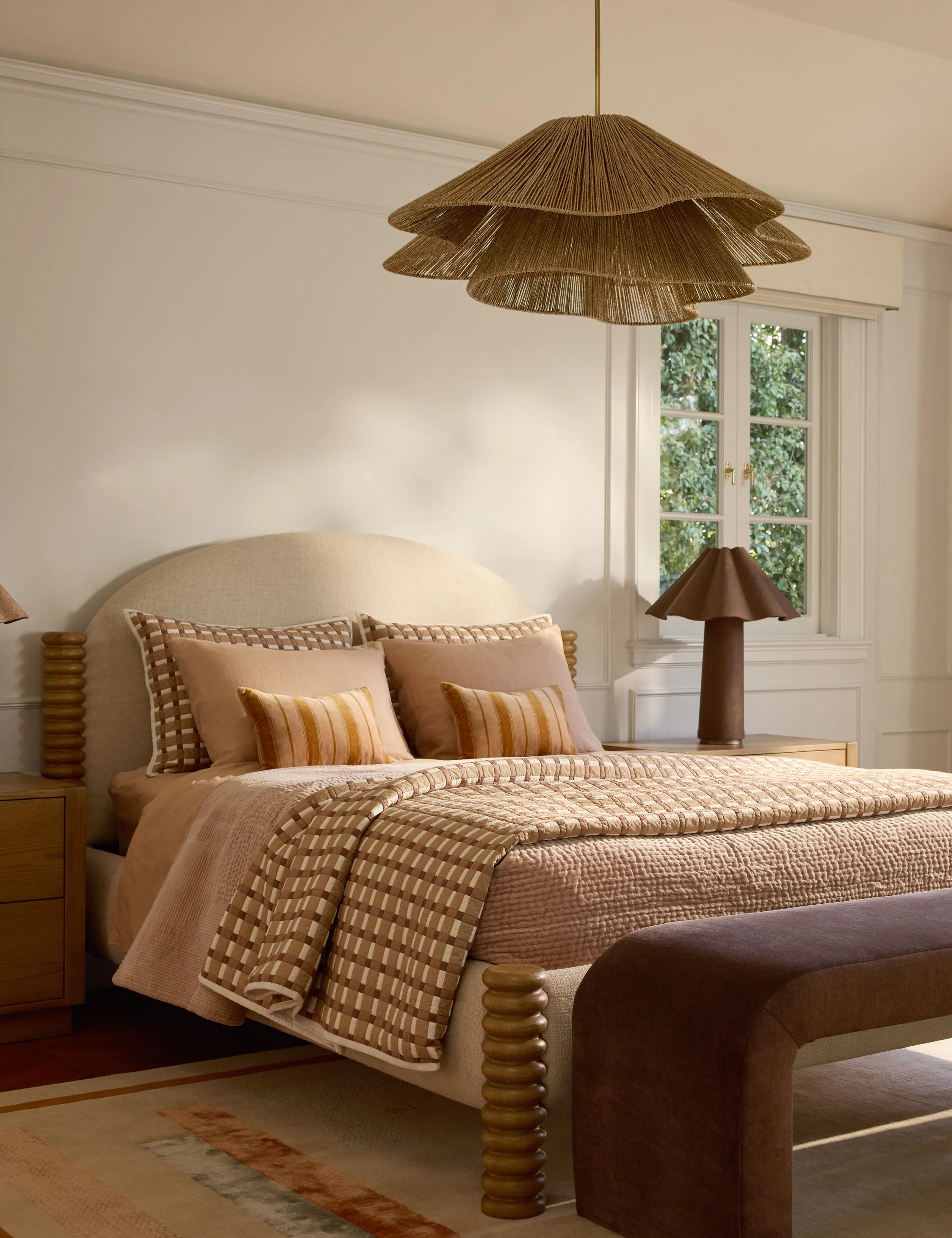 bedroom wit woven pendant