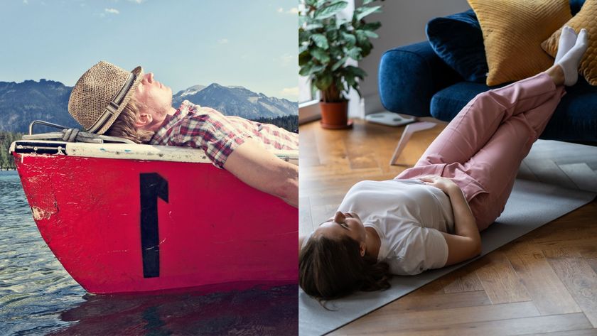 Split screen of a man performing the Military Sleep method and a woman performing the Navy SEAL Sleep technique.