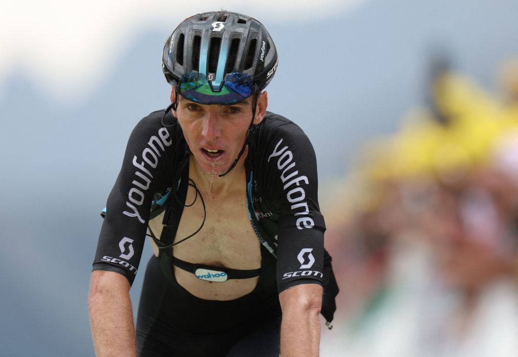 Team DSM teams French rider Romain Bardet cycles in the final meters to the finish line of the 11th stage of the 109th edition of the Tour de France cycling race 1517 km between Albertville and Col du Granon Serre Chevalier in the French Alps on July 13 2022 Photo by Thomas SAMSON AFP Photo by THOMAS SAMSONAFP via Getty Images