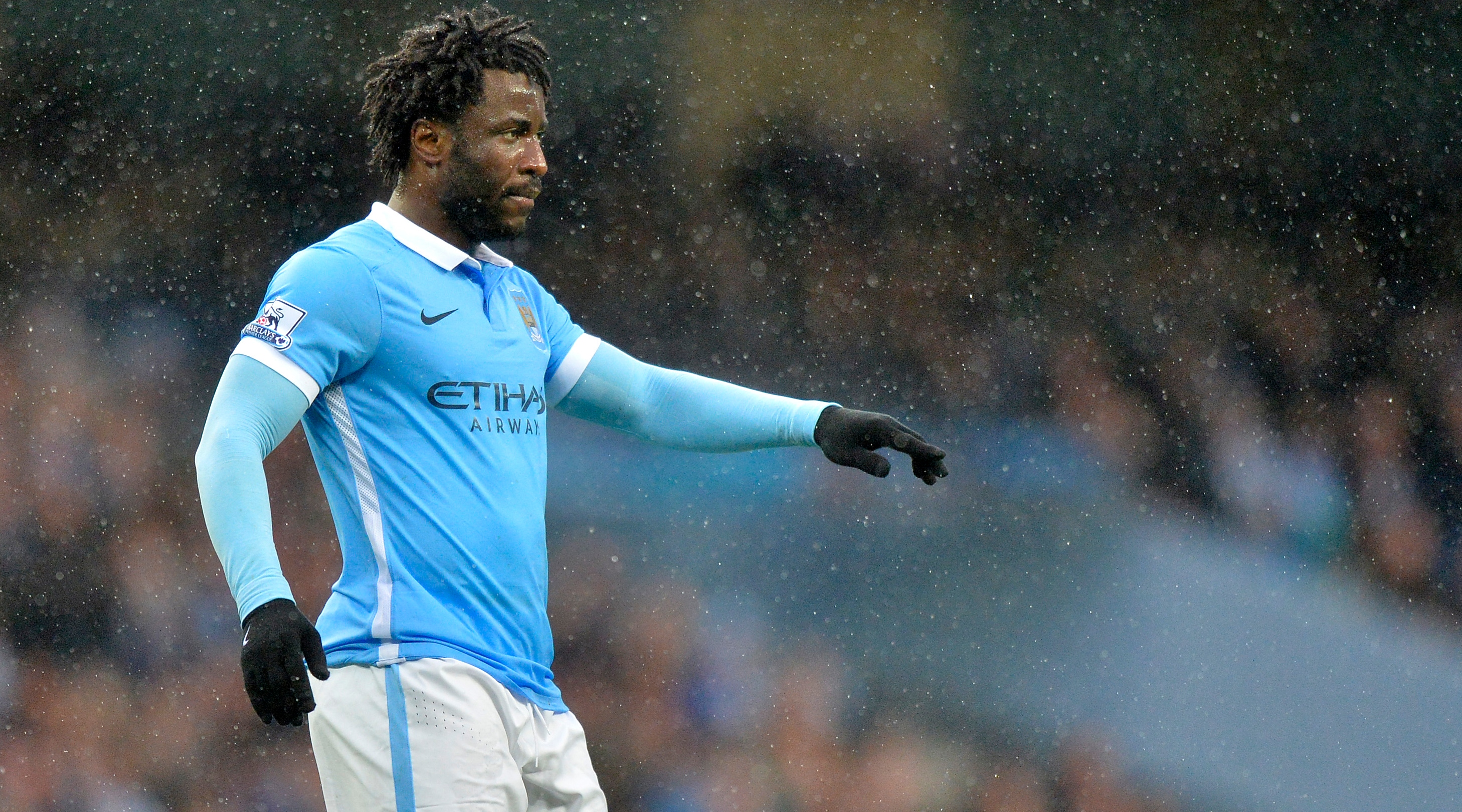 MANCHESTER, ENGLAND - APRIL 09: Wilfried Bony of Manchester City gestures during the Barclays Premier League match between Manchester City and West Bromwich Albion at Etihad Stadium on April 9, 2016 in Manchester, England (Photo by Adam Fradgley - AMA/West Bromwich Albion FC via Getty Images)