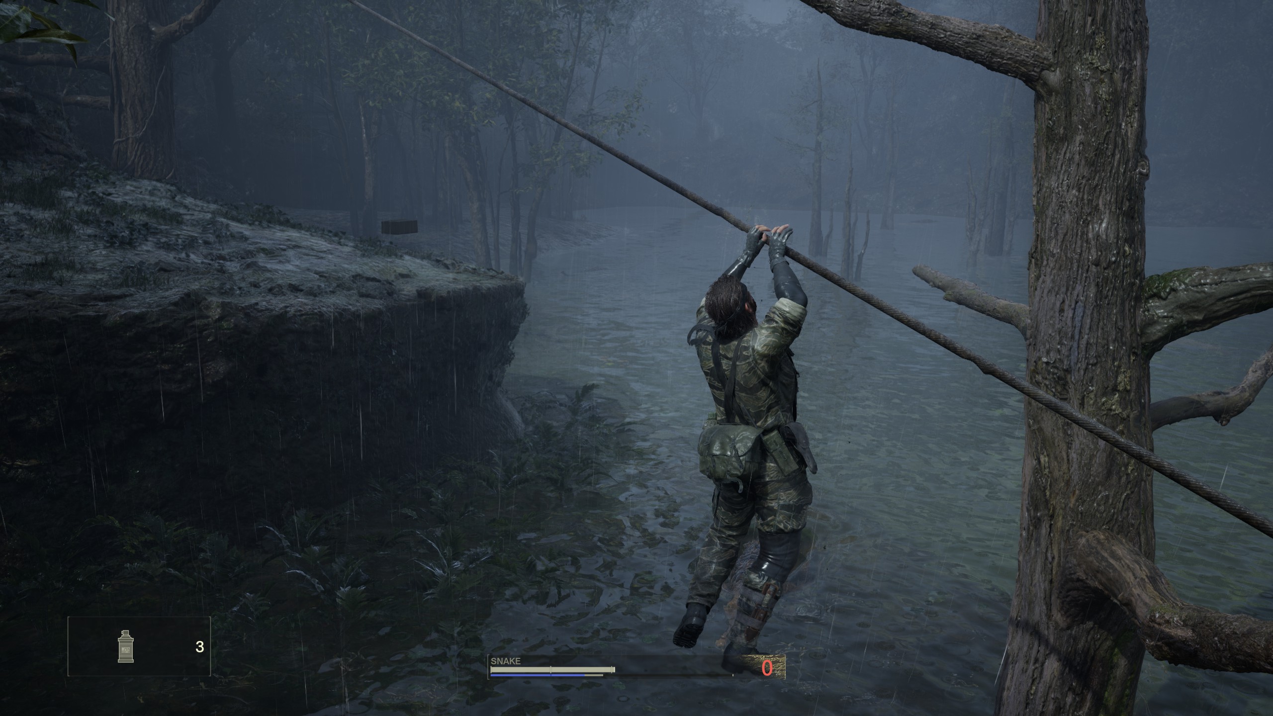 Snake moves across rope in Metal Gear Solid Delta: Snake Eater