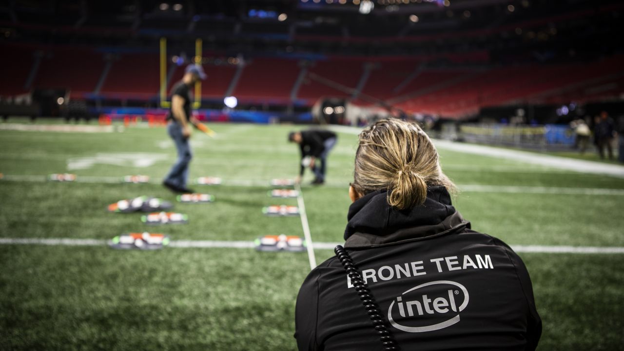 Intel Drone Team members prepare 150 enhanced Intel Shooting Star drones for flight during rehearsals for the Pepsi Super Bowl LIII Halftime Show. (Credit: Intel Corporation)