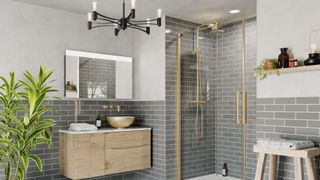 grey bathroom with variety of lighting