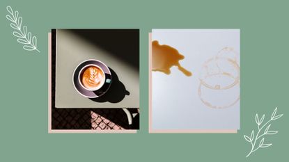 a composite image showing a bird's eye view of a cup of coffee on the table on the left, and on the right, a white surface with some spilled coffee and coffee stains, against a green background, to illustrate how to remove coffee stains