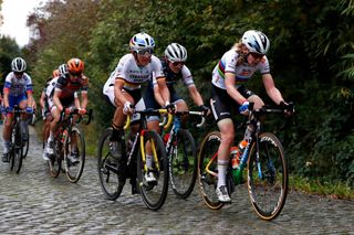 OUDENAARDE BELGIUM OCTOBER 18 Anna Van Der Breggen of The Netherlands and Boels Dolmans Cycling Team World Champion Jersey Lisa Brennauer of Germany and Ceratizit WNT Pro Cycling Team Elisa Longo Borghini of Italy and Team Trek Segafredo Cobblestones during the 17th Tour of Flanders 2020 Ronde van Vlaanderen Women Elite a 1356km stage from Oudenaarde to Oudenaarde RVV20 FlandersClassic on October 18 2020 in Oudenaarde Belgium Photo by Bas CzerwinskiGetty Images