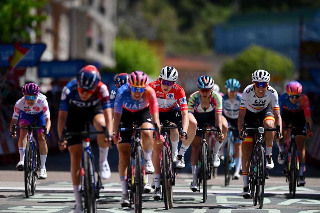 LAREDO SPAIN MAY 06 Demi Vollering of The Netherlands and Team SD Worx Red Leader Jersey crosses the finish line during the 9th La Vuelta Femenina 2023 Stage 6 a 1061km stage from Castro Urdiales to Laredo UCIWWT on May 06 2023 in Laredo Spain Photo by Dario BelingheriGetty Images