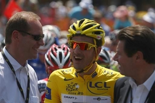 Fabian Cancellara (Saxo Bank) at the start of Tour de France day two with director Christian Prudhomme.
