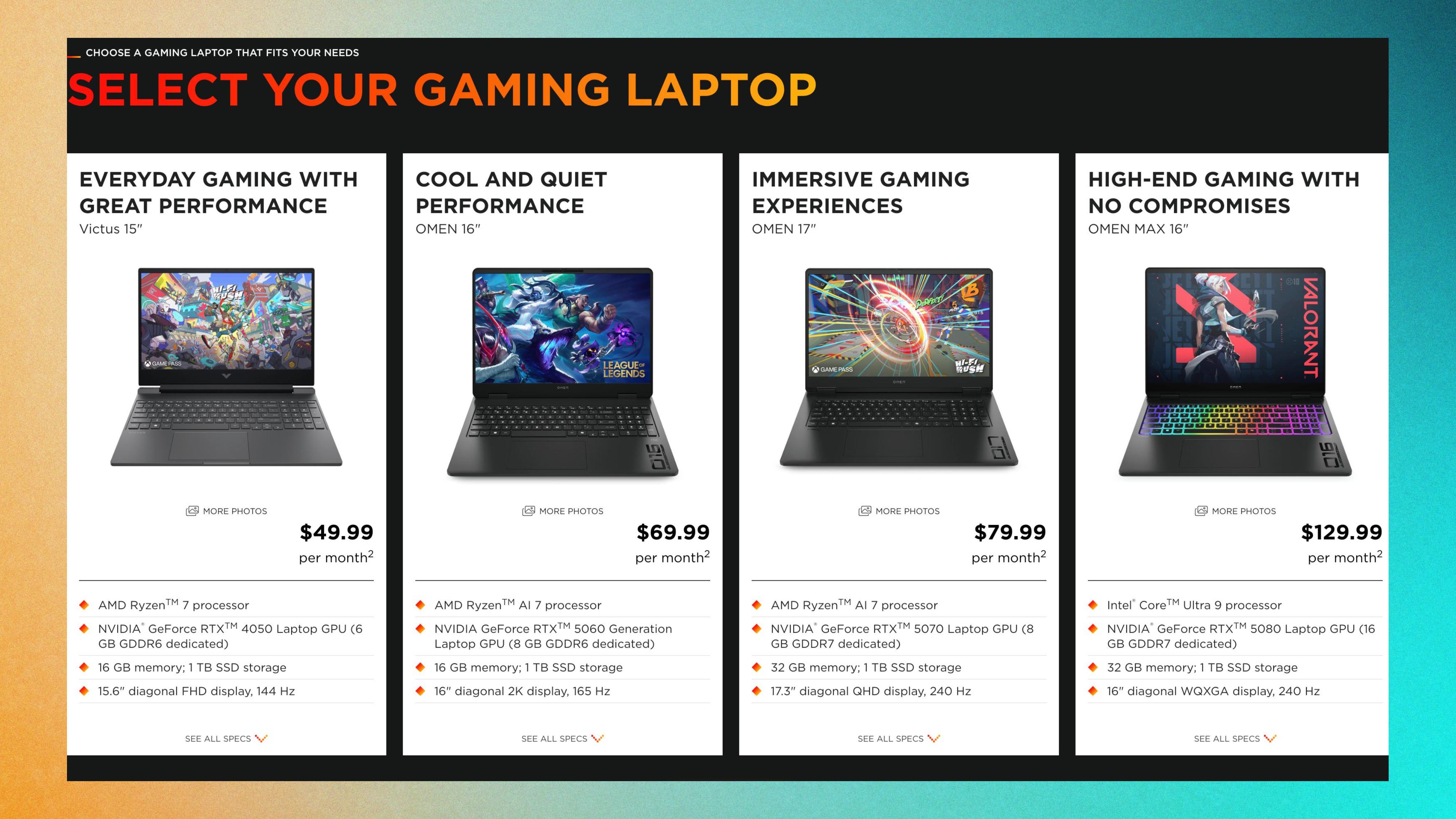 Screenshot of HP laptop subscription page