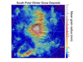 Observations by NASA's Mars Reconnaissance Orbiter have detected carbon-dioxide snow clouds on Mars and evidence of carbon-dioxide snow falling to the surface. Deposits of small particles of carbon-dioxide ice are formed by snowfall from carbon-dioxide clouds. This map shows the distribution of small-grain carbon-dioxide ice deposits formed by snowfall over the south polar cap of Mars. It is based on infrared measurements by the Mars Climate Sounder instrument on the Mars Reconnaissance Orbiter. Image released September 11, 2012.