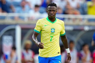 Brazil Copa America 2024 squad Vincius Jnior #7 of Brazil looks on against the United States during the Continental Clasico 2024 game at Camping World Stadium on June 12, 2024 in Orlando, Florida. (Photo by Rich Storry/Getty Images)