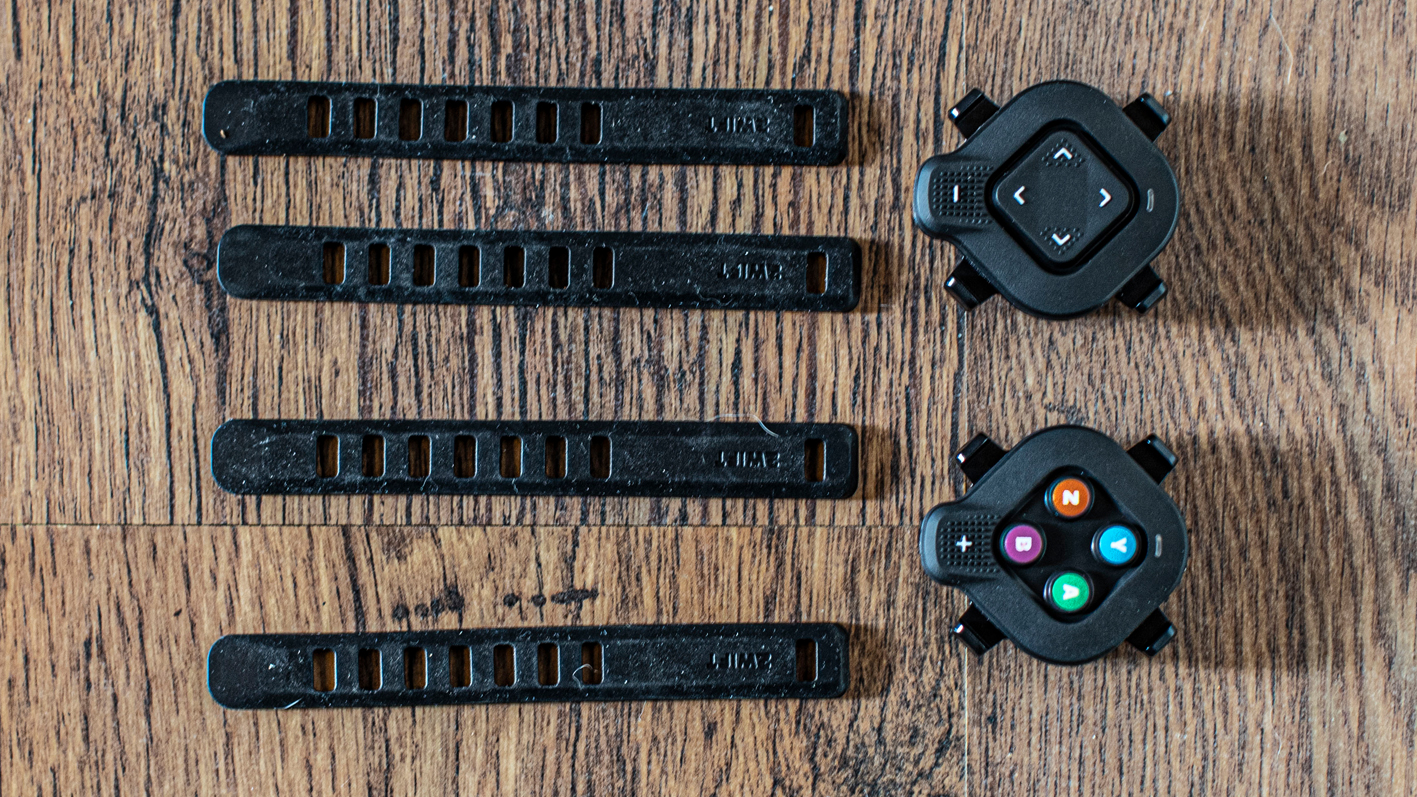 Wahoo Kickr Core 2 smart trainer and Zwift Click layout on wooden floor